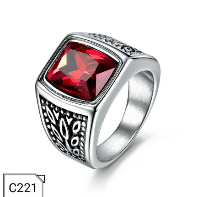 Cincin Pria Unisex Titanium Lapis Emas Ukir Batu Red Ruby C221