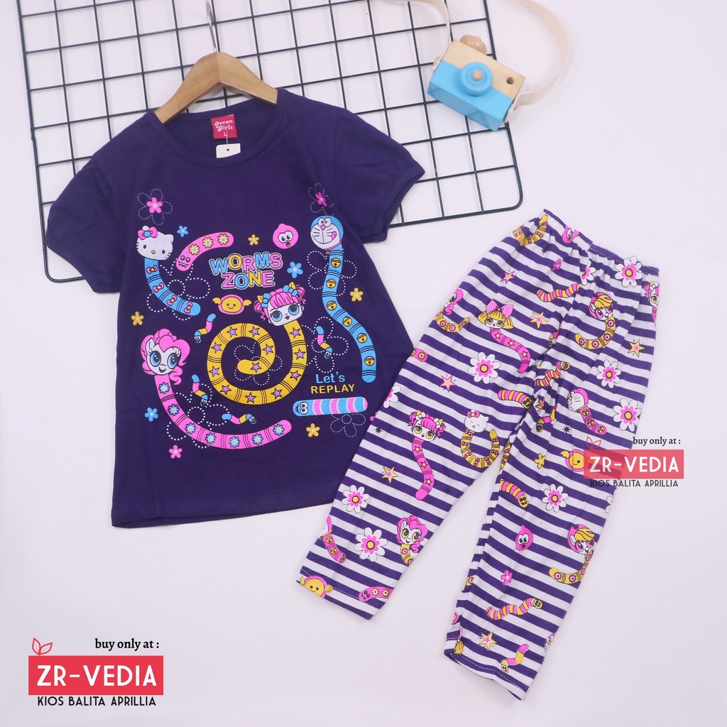 Setelan Worm Zones Anak Perempuan uk 3-4 tahun / Baju Anak Karakter Legging Perempuan Celana Panjang Import Kaos Cacing