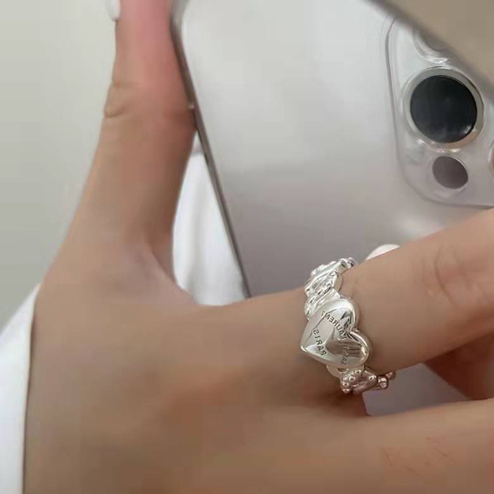 1pc Cincin Berlian Bentuk Hati Persegi Model Terbuka Warna Silver Gaya Korea Untuk Wanita