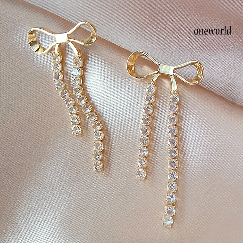 OW# Women Lady Elegant Shiny Alloy Bowknot Shaped Long Tassel Earrings Jewelry Gift