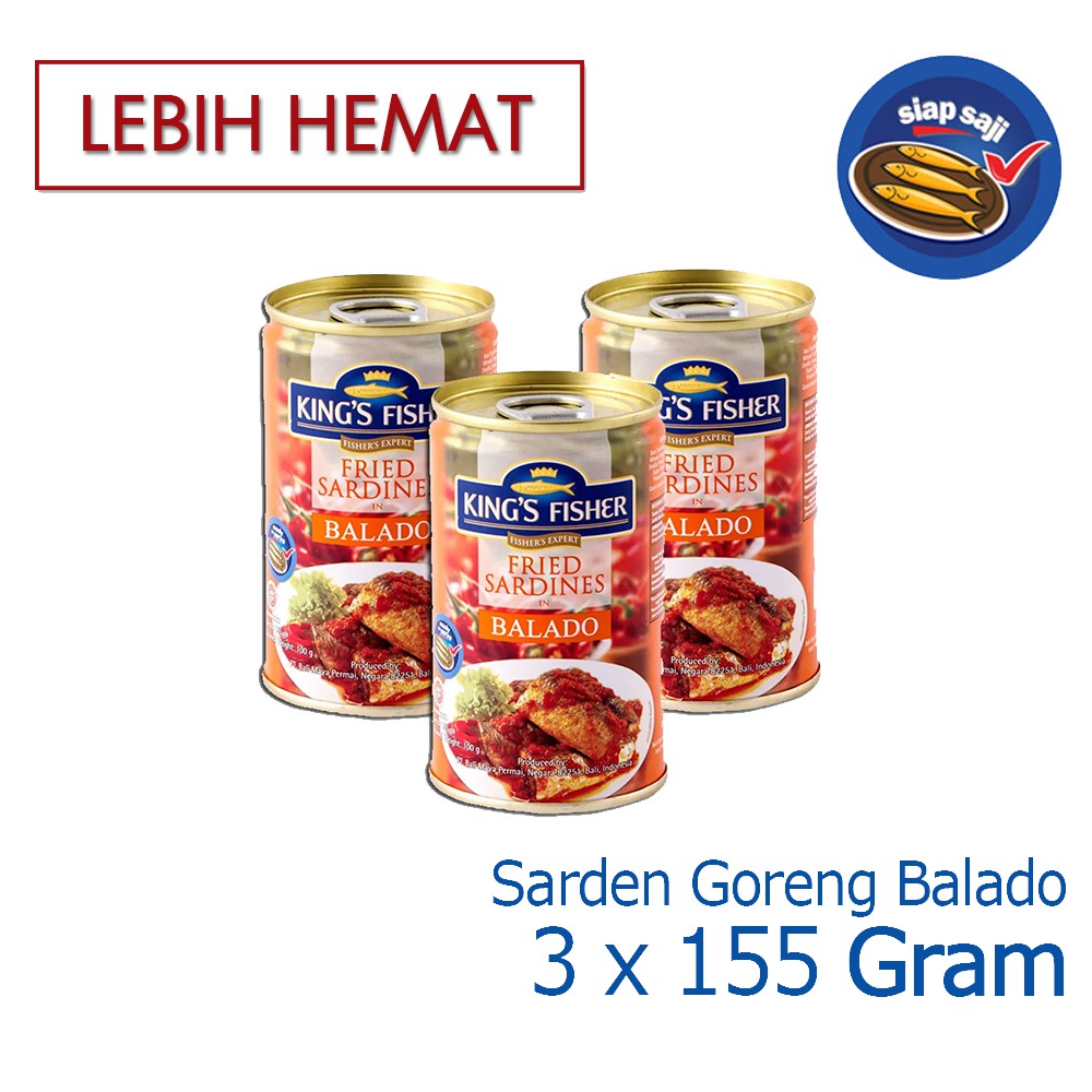 

MyHomey Paket 3 pcs KingsFisher Sarden goreng mini rasa saus balado Makanan Kaleng 155g kings fisher