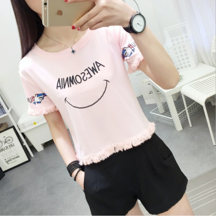 Kaos Lengan  Pendek T-Shirt Wanita Kaos Casual Wanita Atasan Santai Motif Tulisan Ainmosewa Smile