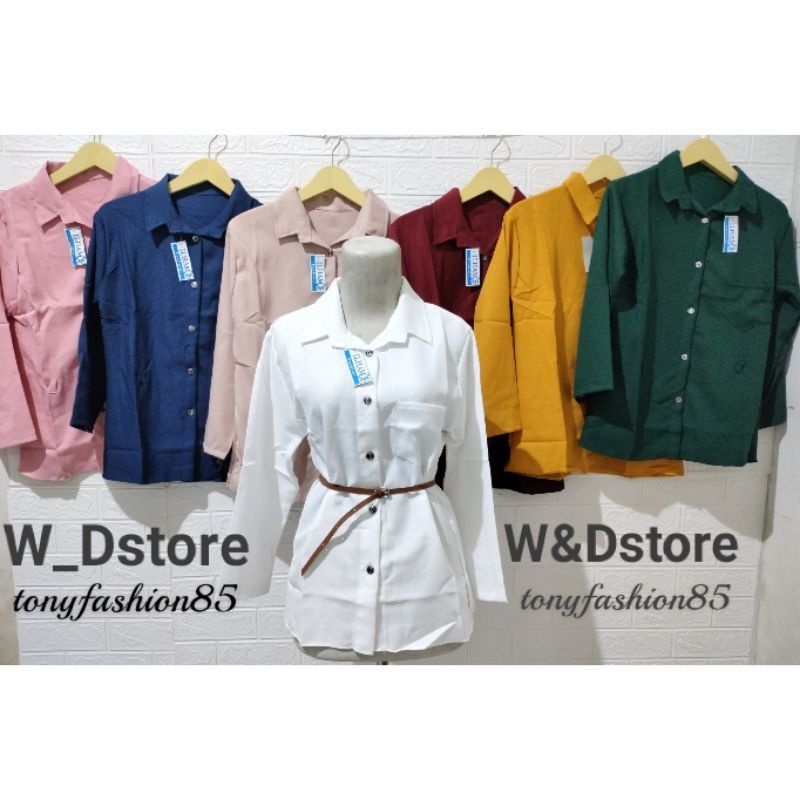 Kemeja Wanita Atasan Blouse Casual Polos Lengan Panjang Kekinian Bahan Moscrep Free belt model Korea