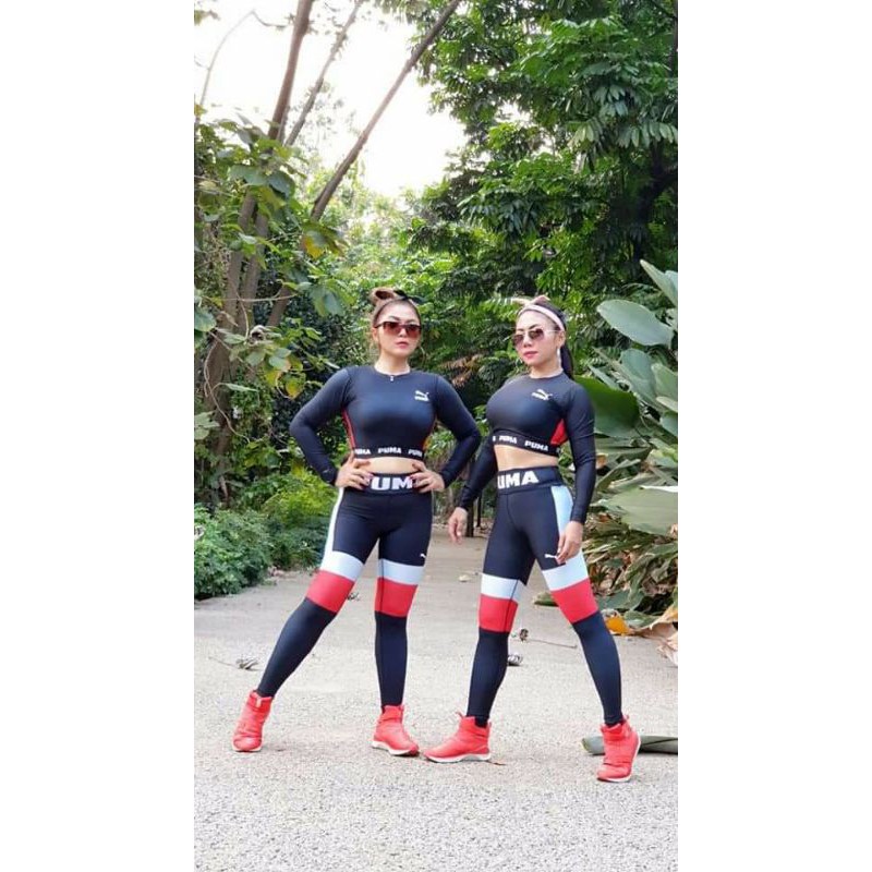 BAJU SPORT SXB PUMA BACK DETAIL LONGSLEEVE CROP AND LEGGING