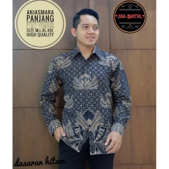 Kemeja Batik Pria/Batik Lengan Panjang ANJASMARA HITAM Lapis Furing