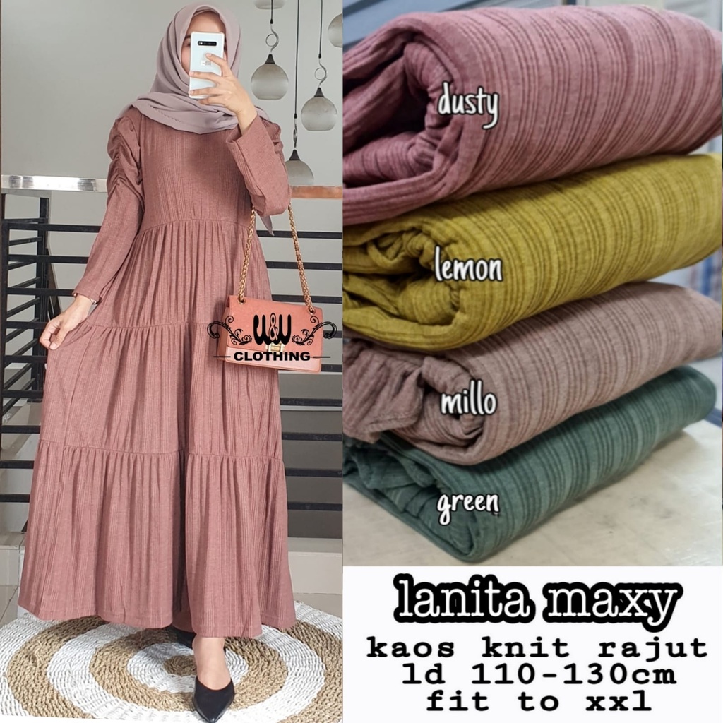 Baju Gamis Casual Jumbo Big Size Ld 120 130  Bahan Kaos  Rajut Polos Rempel Susun Bawah Lanita Maxy 