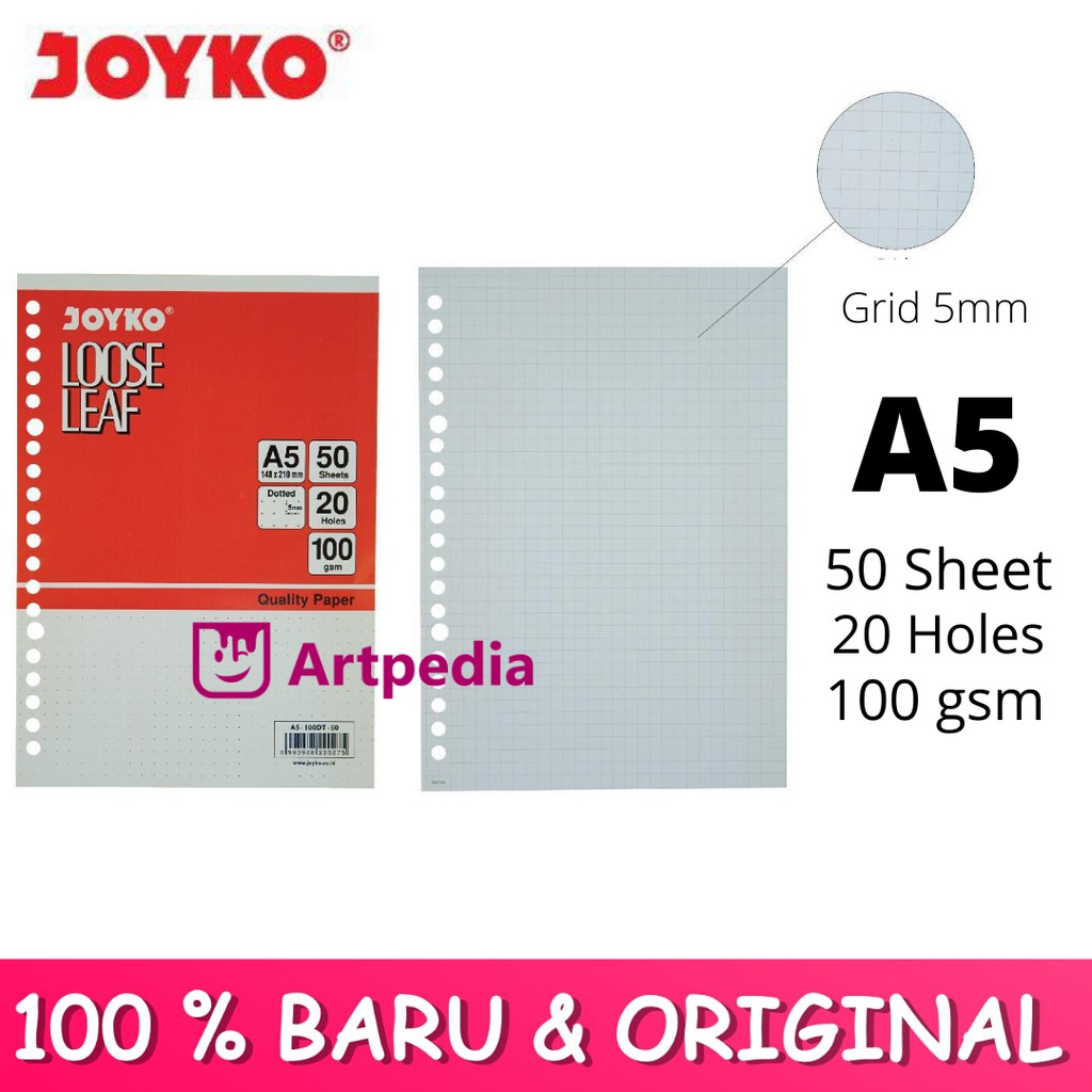 

Joyko Loose Leaf Grid 5x5mm A5 100Gsm 50 Sheet / Kertas Binder Kotak