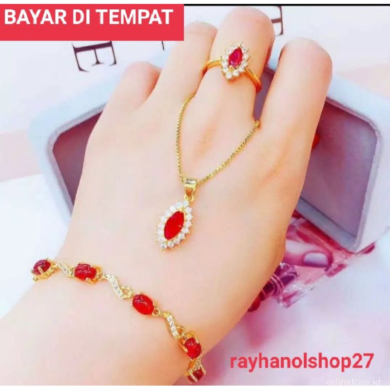 SET PERHIASAN WANITA TITANIUM MOTIF BATU PERMATA MEWAH LAPIS EMAS 24 K