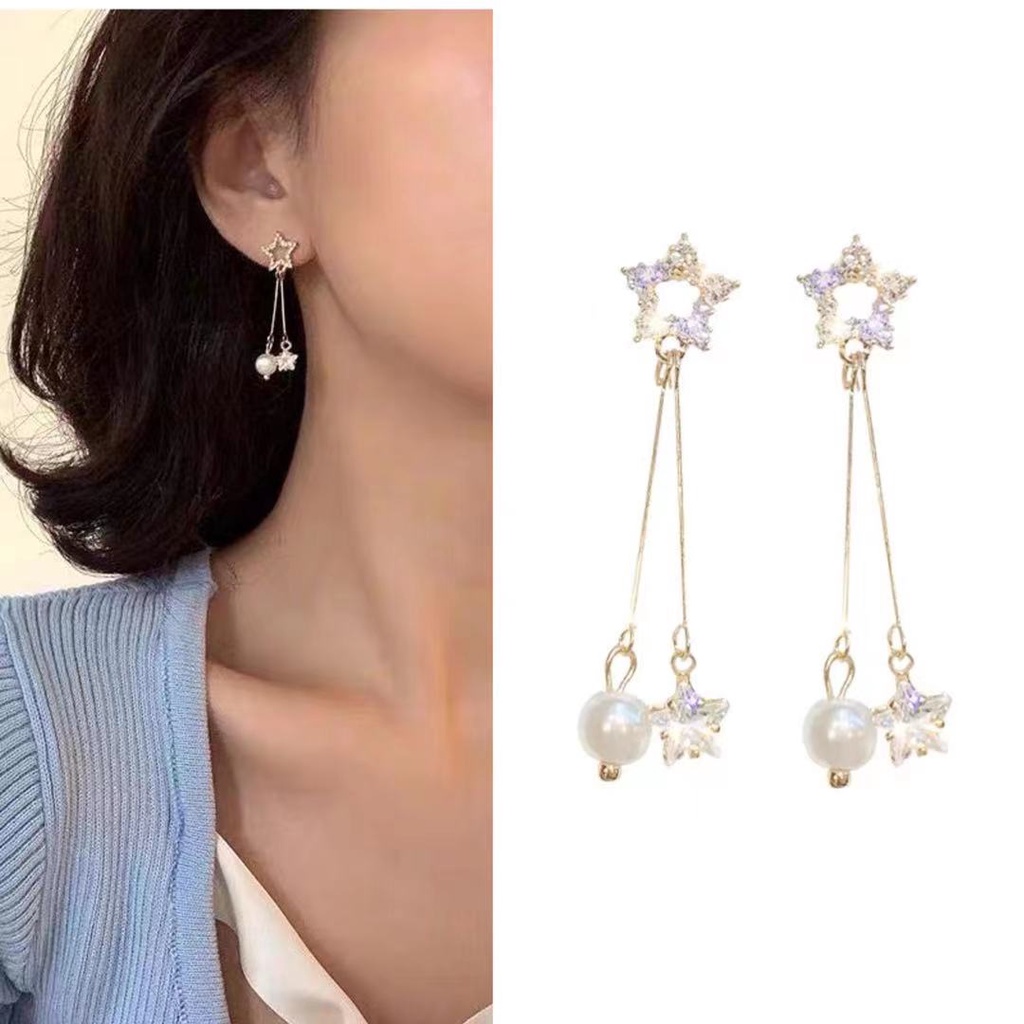 Sayishop Anting Gantung Panjang Desain Bunga Hias Rumbai Gaya  Elegan untuk Wanita