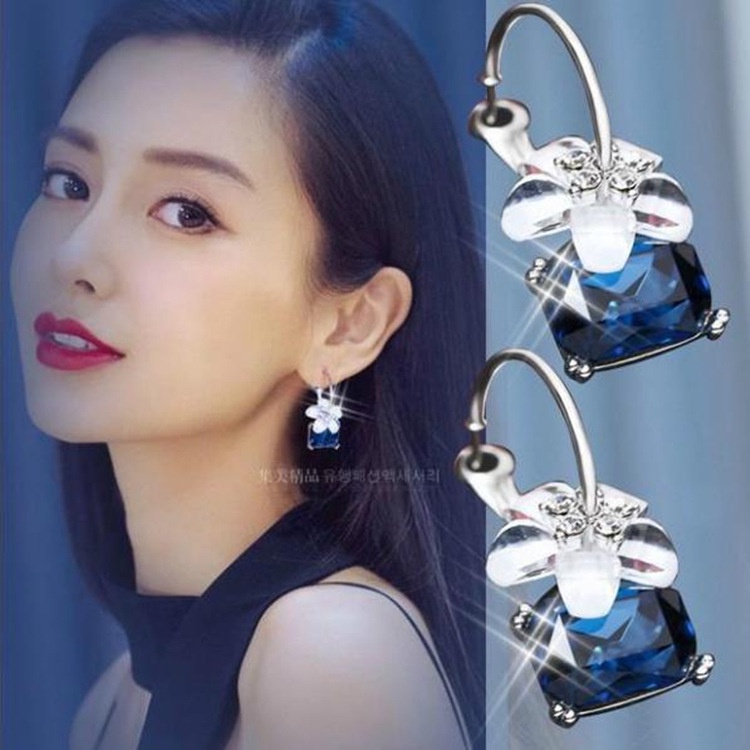 Anting Daisy Kristal Sapphire Ruby Obsidian Elegan Model Terbaru