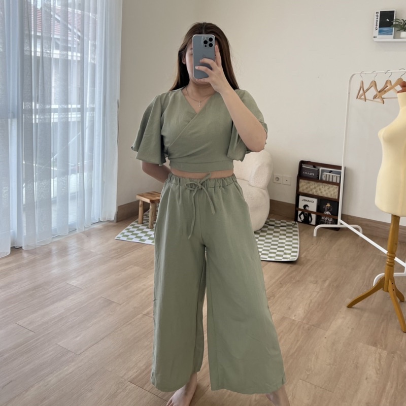 Linen Crop Set Panjang Wanita