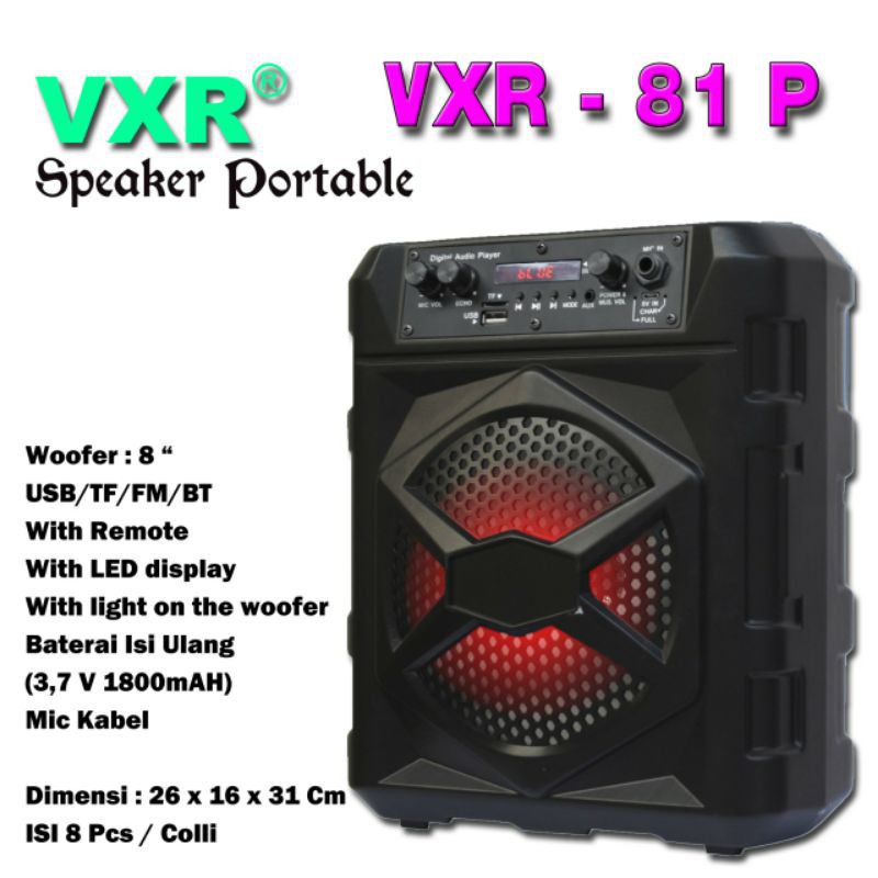 Speaker Portable 8 inch Bluetooth VXR-81P, Bonus Mic