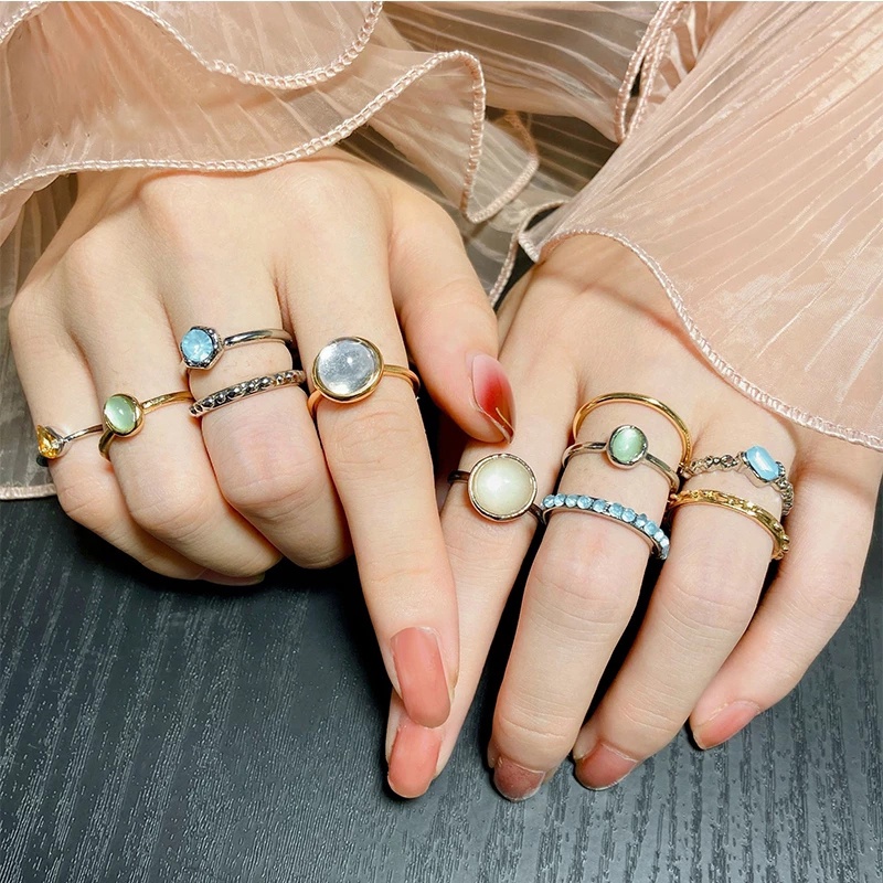 YEEZII Retro Diamond Rings Set Simple Adjustable Zircon Pearl ​Finger Ring for Women Accessories Jewelry