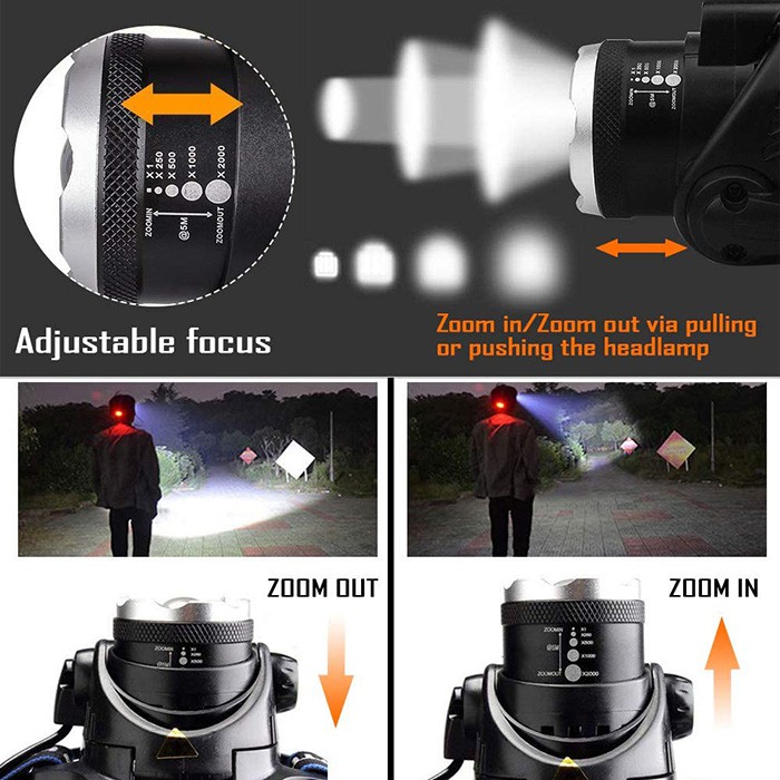 Senter Kepala LED Zoom Super Terang Headlamp LED Cree XML T6 568D Waterproof Anti Air