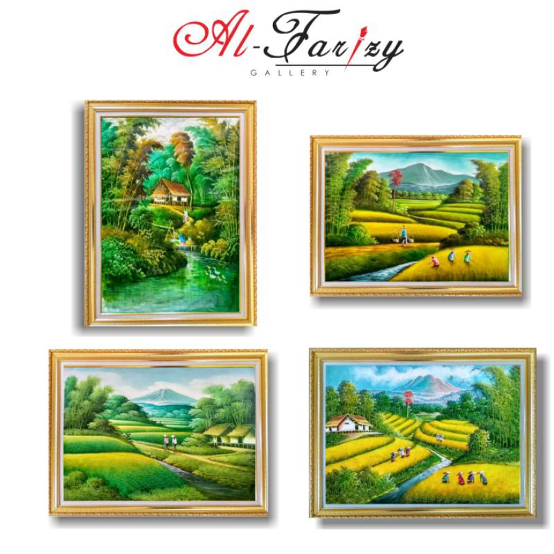 Lukisan pemandangan alam sawah  air terjun minimalis unik  Ukuran 90x60 cm Tanpa Frem