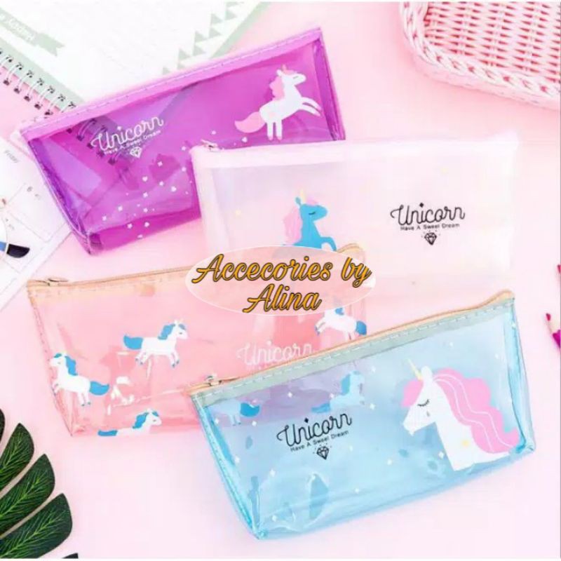 

kotak pensil pena karakter unicorn transparan