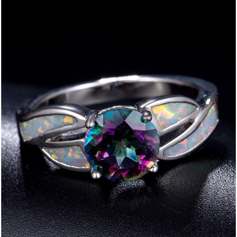 SeuSuk 10KT Black Gold Filled Topaz Stone Trendy White Fire Opal Ring For Women