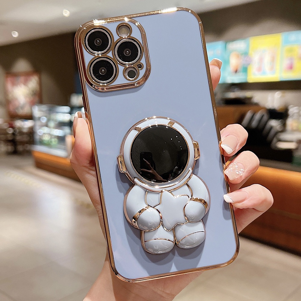Case Stand Holder Braket Pelindung Electroplating Model Lipat Desain Astronot Untuk iPhone 13 12 11 Pro Max X XR XS Max 7 8 Plus SE 13 12 Mini