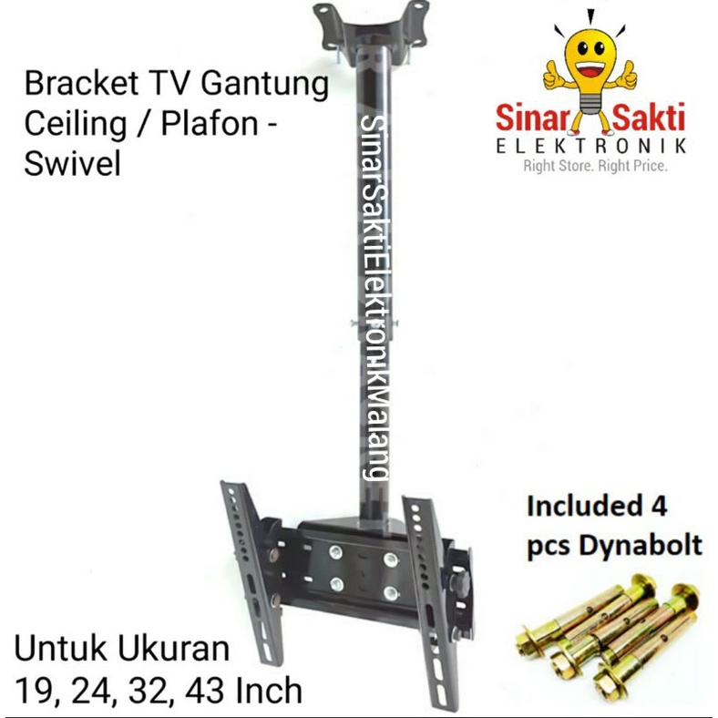 Bracket TV Gantung Plafon Ceiling Braket 19 24 32 43 Inch Swivel Fleksibel Malang Flexible