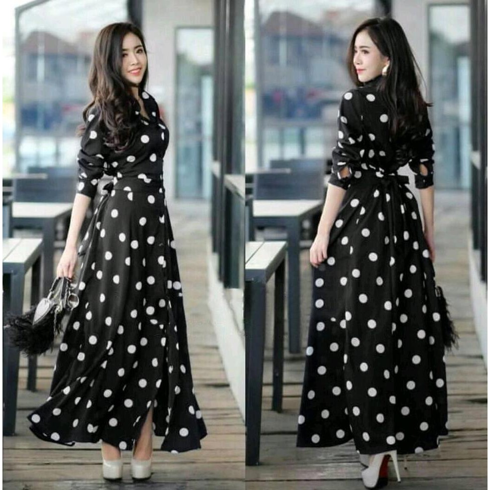 A4 LK SYARI POLKA HITAM BLACK MAXI GAMIS HIJAB IMUT SIMPLE ELEGAN  PAKAIAN ATASAN LONGDRESS MAXI