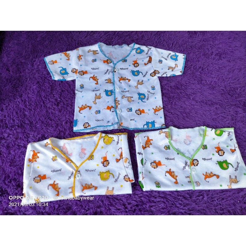 NEWBORN | (3PCS) BAJU BAYI, PUTIH MOTIF JOUNGLE