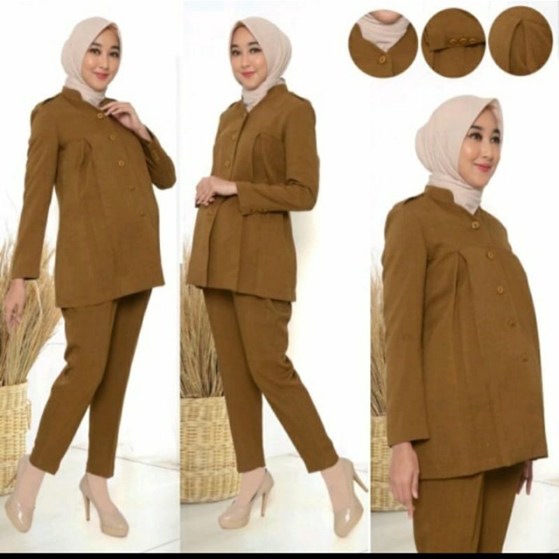 baju dinas hamil / baju Pemda wanita Hamil / Pemda baju hamil PNS coklat tua kerah sanghai