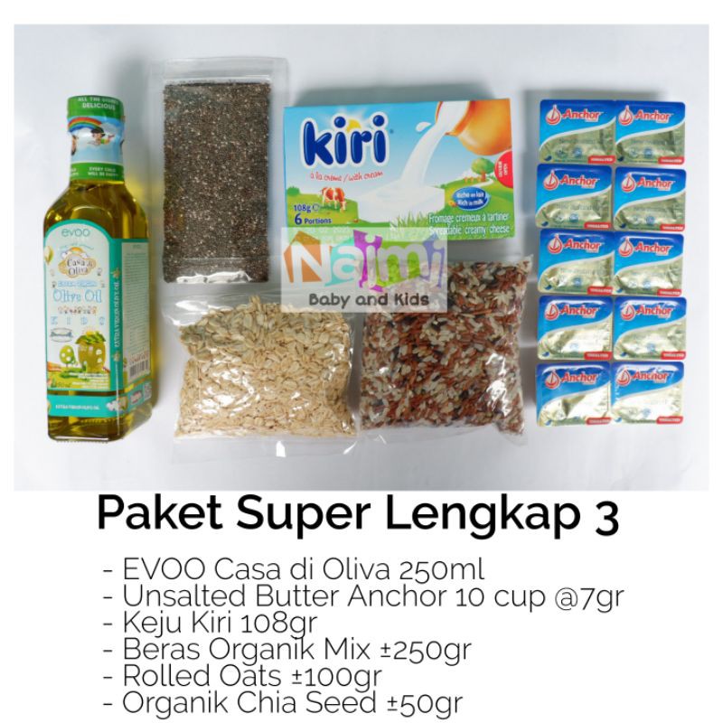 Paket Hemat MPASI EVOO , UB Anchor, Keju Belcube Kiri Babybel, Rolled Oats, Organic Chia Seed