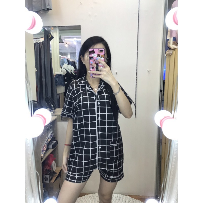 piyama/pajamas kotak&quot; HP katun hitam murah.homewear/sleepwear/bajutidur cwe PP tartan black kekinian