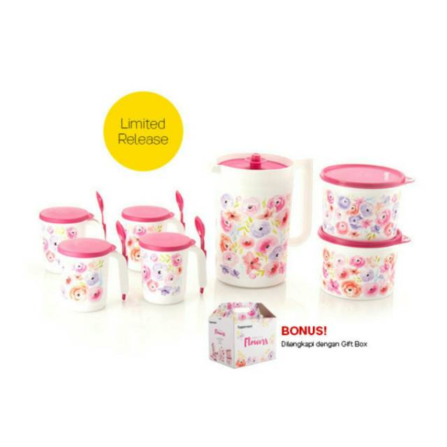 Pretty Flower Set Tupperware Pink Paket Teko gelas dan snack