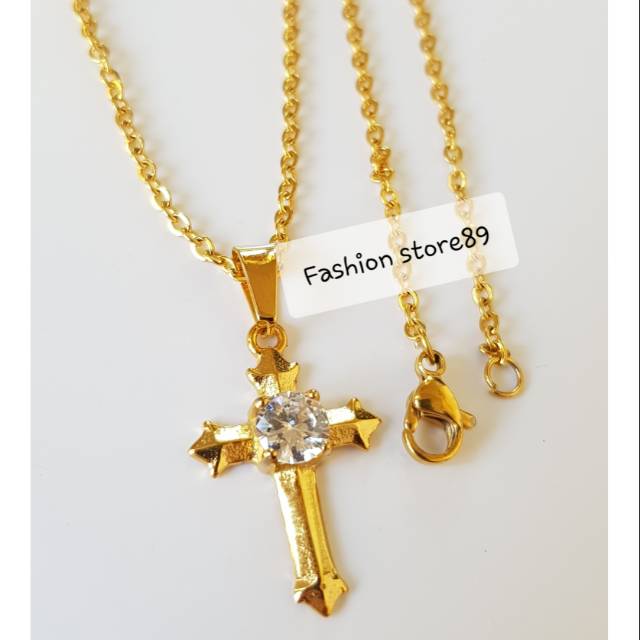 Kalung salib permata titanium gold import /kalung fashion Rohani import titanium antikarat KS015