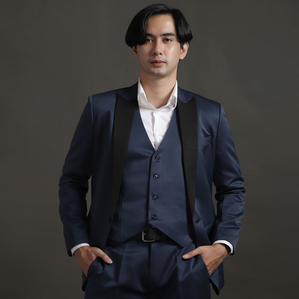 Setelan Jas Celana &amp; Rompi Biru Lapel Hitam - PEAKY PREMIUM - GOLDY OUTFIT