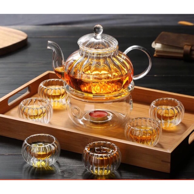 8pcs double layer glass tea set ( 1 teapot + teapot stand + 6 double layers glass cups)