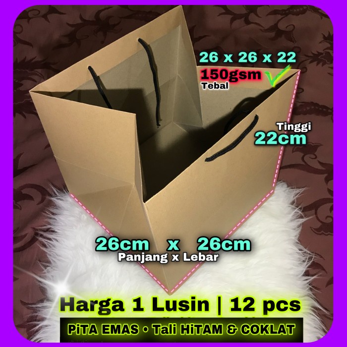 

BISA BAYAR DITEMPAT paper bag polos BOX NASI KOTAK Bento 26x26x22 / Harga 1 X LUSIN 12 pcs - TaLi HiTAM TERLARIS