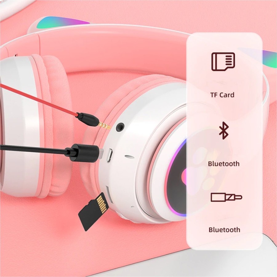 Headphone kuping kucing bando wireless bluetooth cat ear LED light rechargeable warna macaron anak