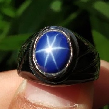 [BISA COD] Cincin Batu Blue Safir Star Ring Titanium Hitam Mewah Anti Luntur