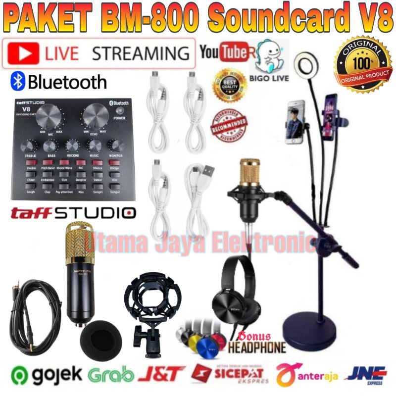 Paket Mic BM800 Soundcard V8 Stand Lazypod with 2x phone Holder Lampu Ring Light