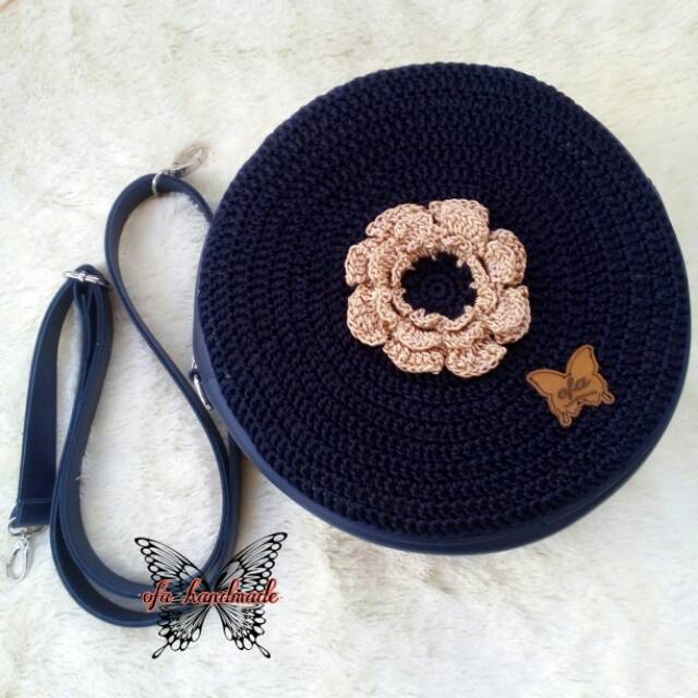Tas rajut bulat motif bunga 2 side