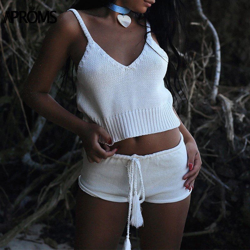 Aproms Boho White Knitted Crop Top and Shorts Women Elegant 2 Pieces Set Summer Low Waist