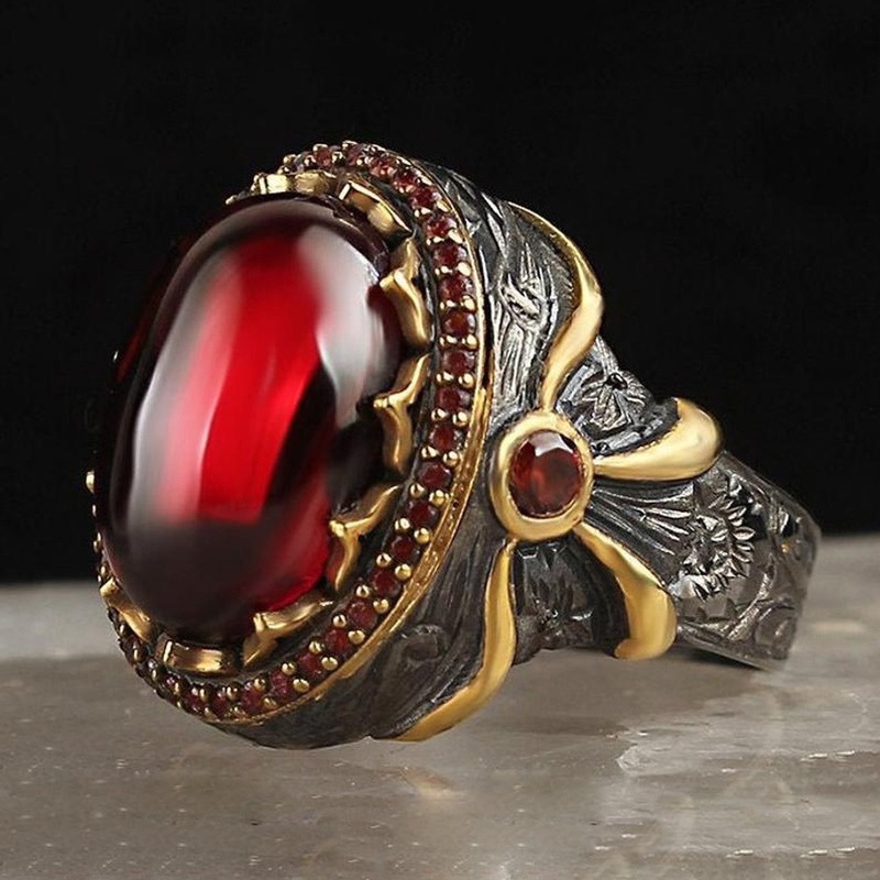 [Cherrye] Cincin Pria Ruby Berlian Kristal Mutiara Merah Gaya Vintage Baja Titanium Hitam Emas Rings