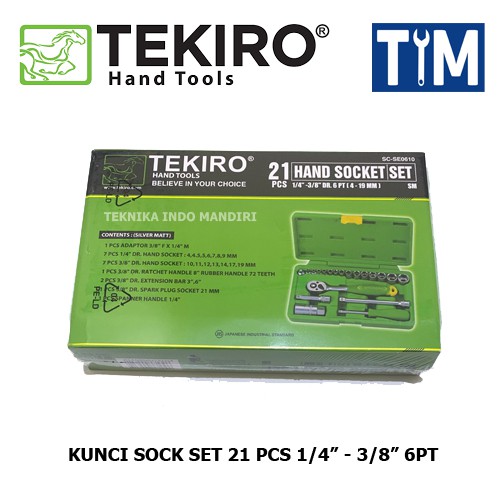 TEKIRO Kunci Sock Set 21 PCS 1/4&quot; - 3/8&quot; 6PT Box Plastik / Kunci Sok Set