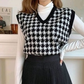 pojoksweater.id - Korean Vest Houndstooth V Neck Kualitas Terbaik