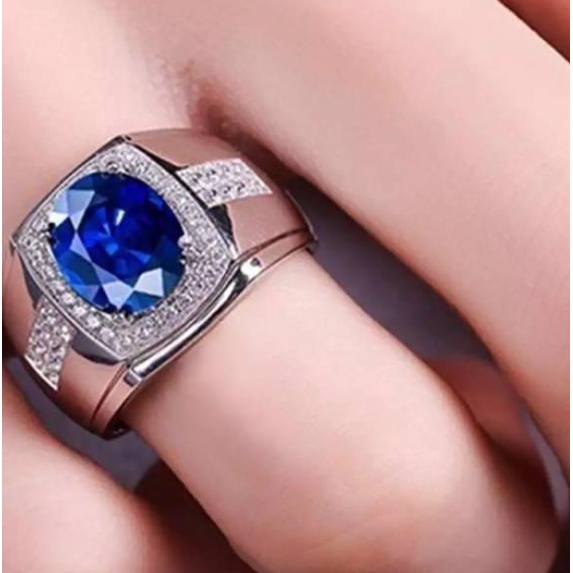 ➮Ready✿➮ Cincin Pria Akik Safir Biru Ring Warna Perak Batu Blue Sapphire Cubic Zirconia 40 ❈