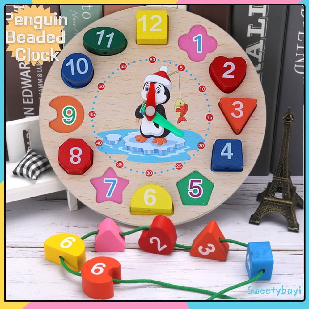 Sweetybayi Set penguin beaded clock/Jam kayu/puzzle bentuk