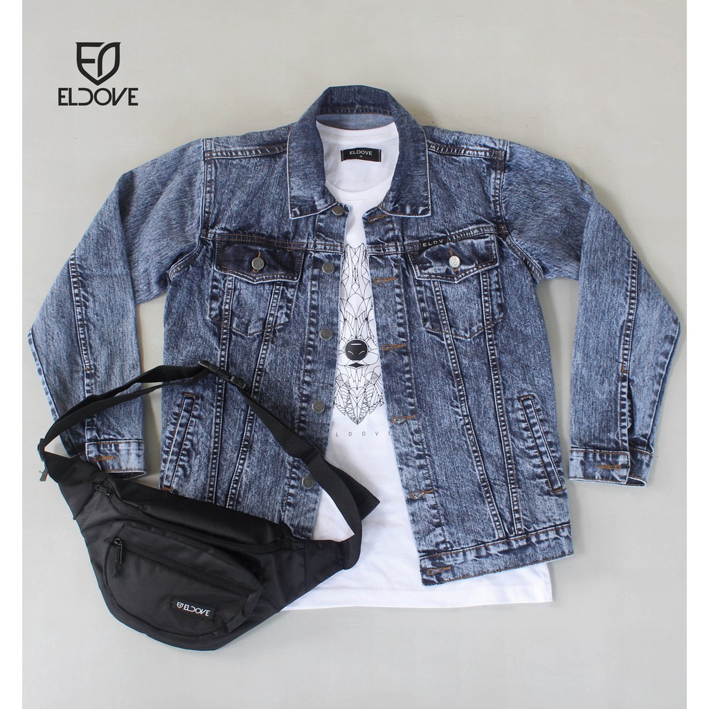 Eldove Paket Jacket Denim + Kaos + Waistbag 9513