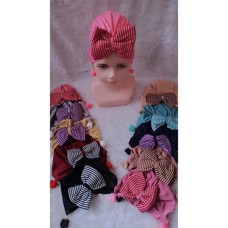 Turban Anak Pita/Turban Bayi Pompom Pita Salur Terlaris/Turban Anak Bayi Lucu Pita Salur