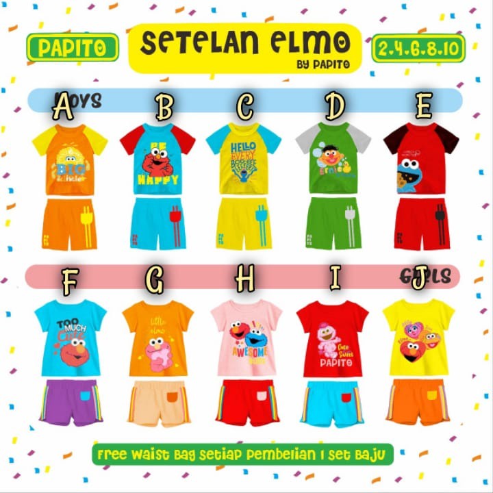 SETELAN ANAK UNISEX MOTIF ELMO BONUS WAISTBAG USIA 2-10 TAHUN