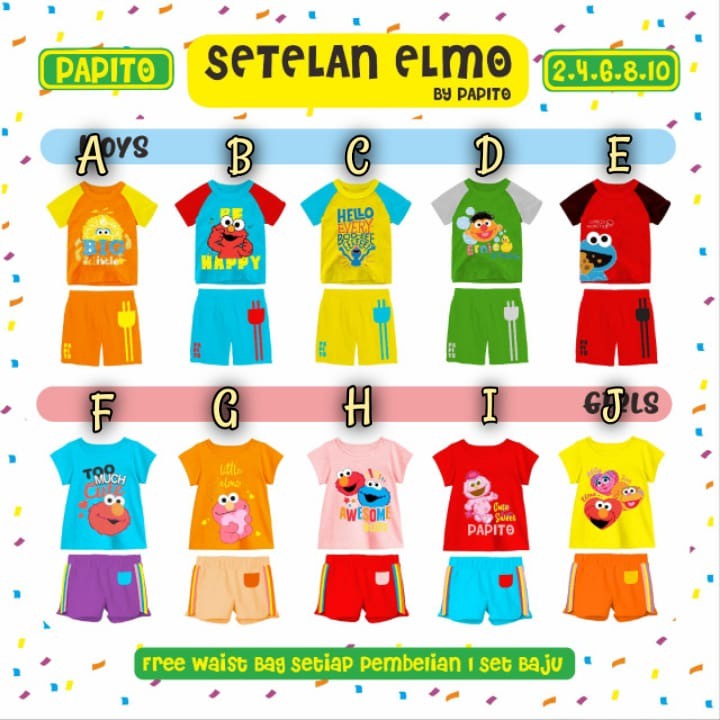 SETELAN ANAK UNISEX MOTIF ELMO BONUS WAISTBAG USIA 2-10 TAHUN