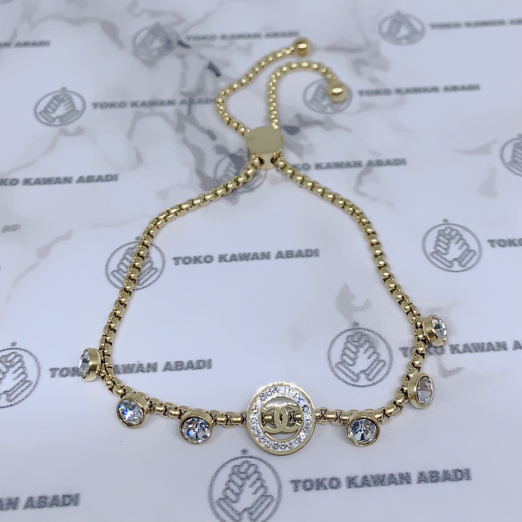 Titanium Silver Gold Gelang Tangan Dewasa Model Rantai Enam Permata *59