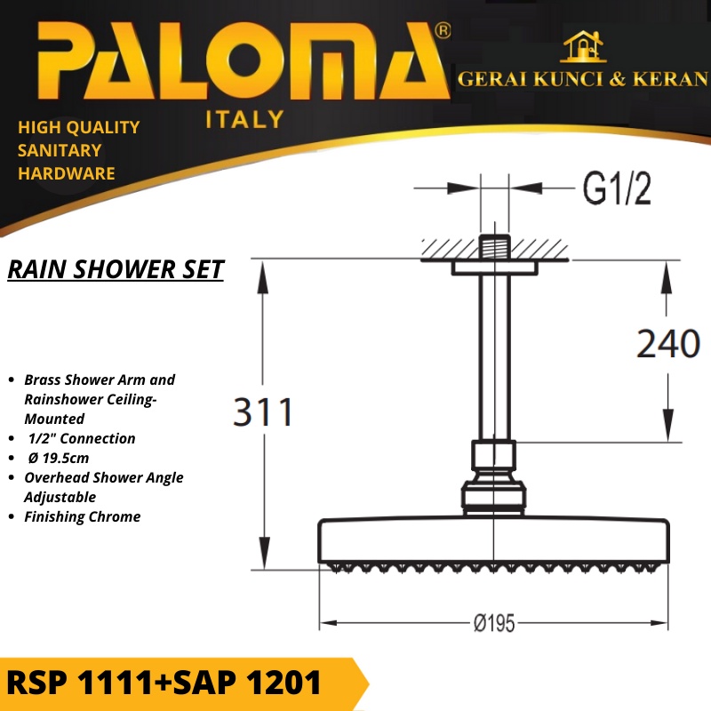 PALOMA RAINSHOWER SET RSP 1111 SAP1201 BRASS CHROME KEPALA SHOWER