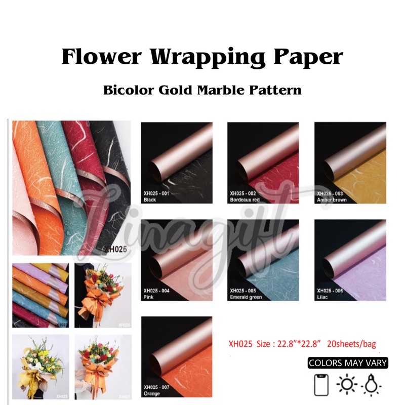 ( 5 Lembar ) BICOLOR GOLD MARBLE PATTERN - FLOWER WRAPPING PAPER KOREAN PLASTIC PLASTIC CELLOPHANE KERTAS BUNGA BUKET FLORIST DOUBLE SIDE 2 SISI ORANGE BLUE TOSCA BLACK